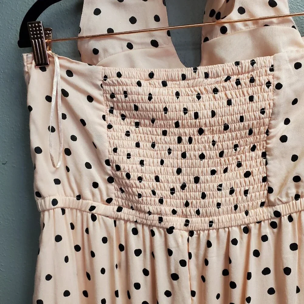 Maurices Maxi Sundress Women Size L Peach Black Polka Dot Halter Elastic Back - Picture 4 of 12